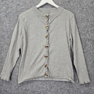 Cardigan Sweater Womens L Gray Ruffle Trim Big Gold Button Coquette Preppy MOSCA